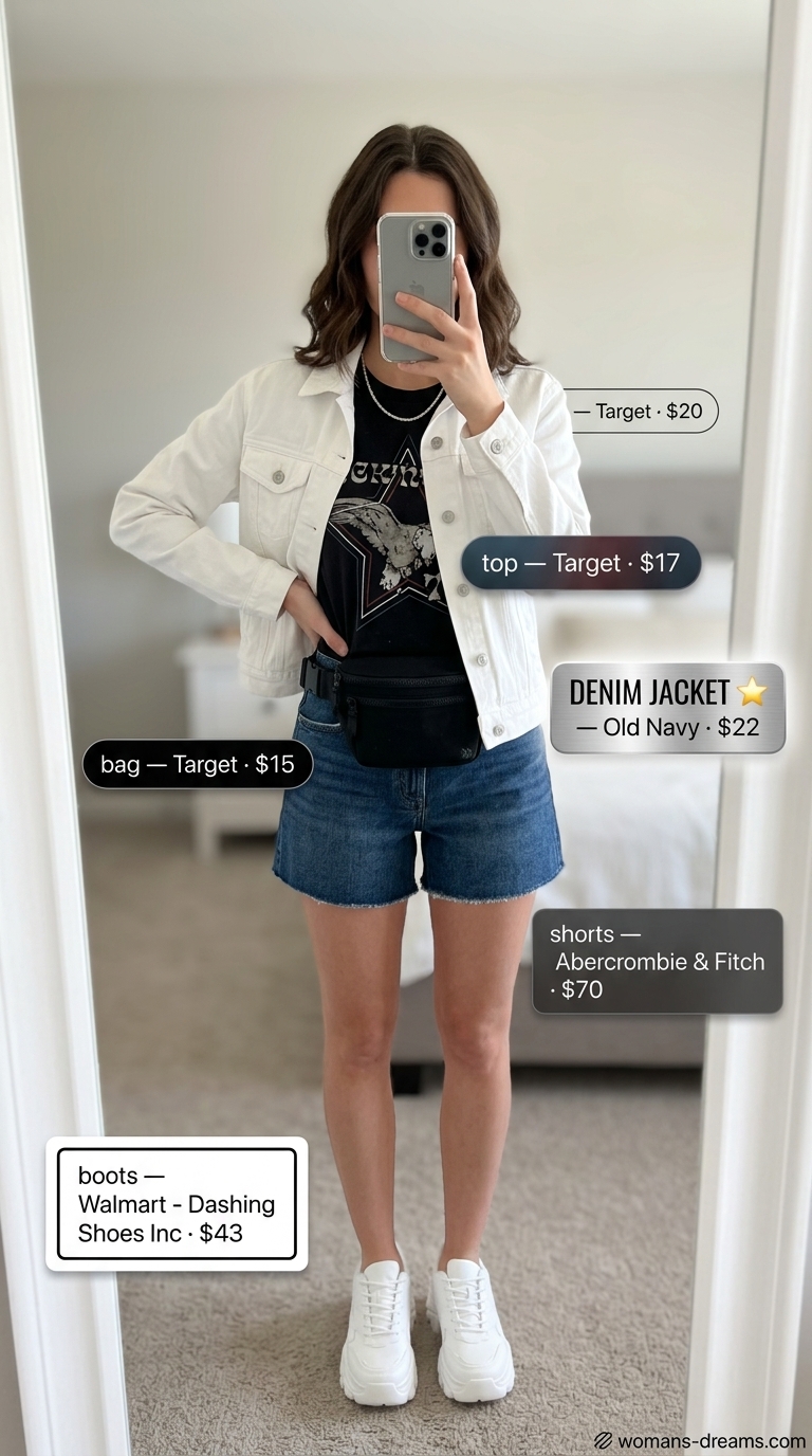 Summer white denim jacket outfits for women 2026: Graphic tee, denim shorts, sneakers for city exploration.