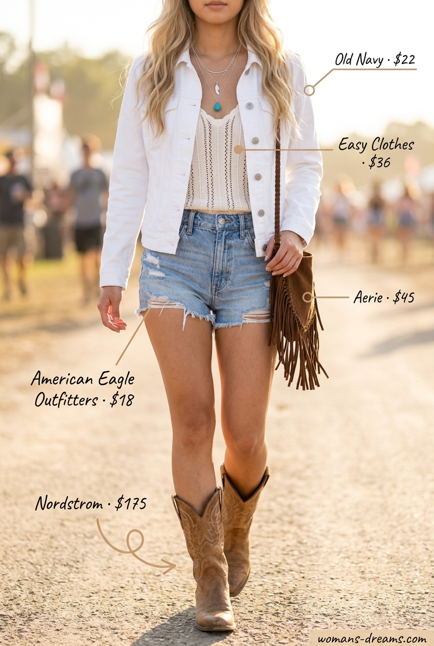 Summer white denim jacket outfits for women 2026: Festival outfit, crochet top, distressed shorts, cowboy boots.