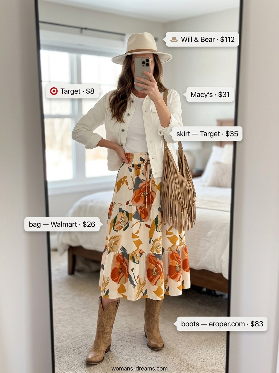 Summer white denim jacket outfits for women 2026: Floral midi skirt with white denim jacket, tank, hat, and boots.