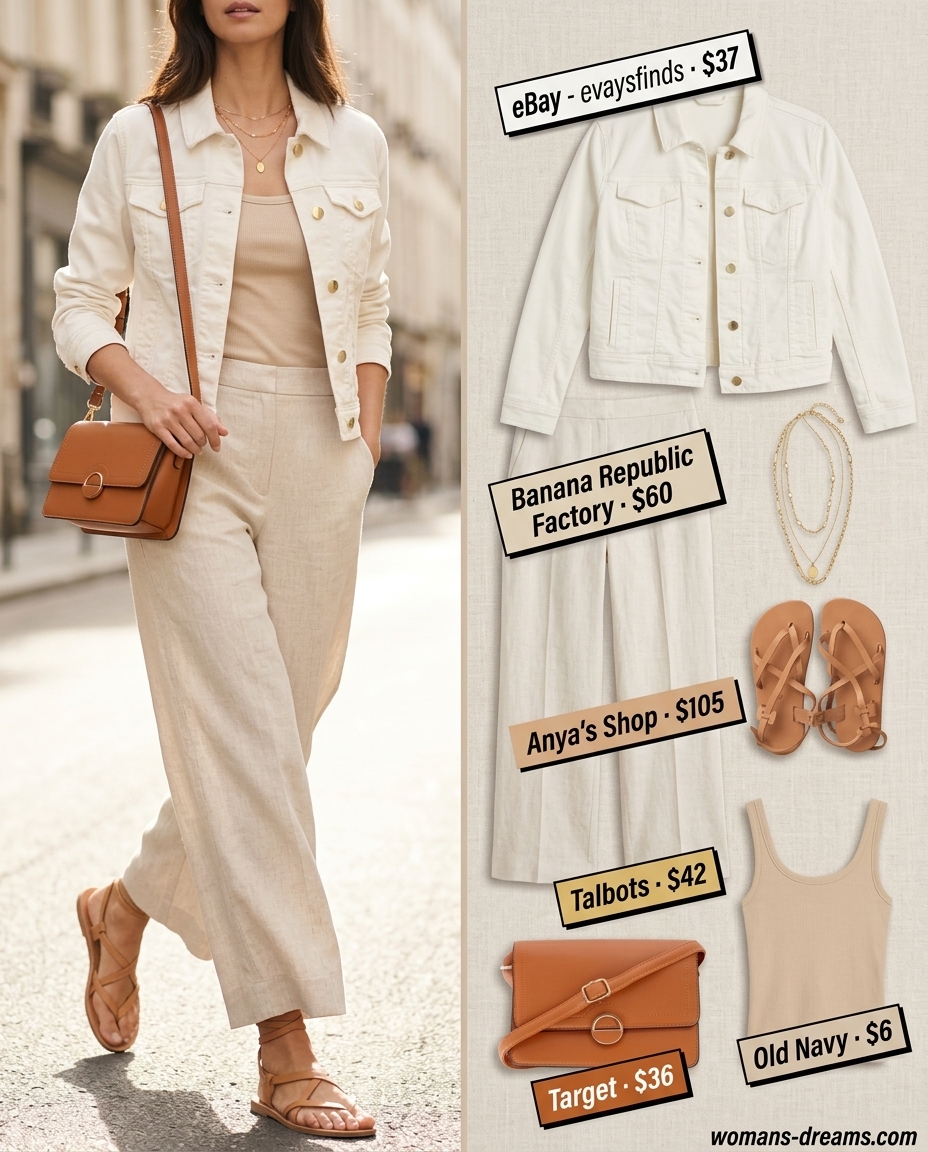 Summer white denim jacket outfits for women 2026: Linen trousers with white denim jacket, tank, and sandals.