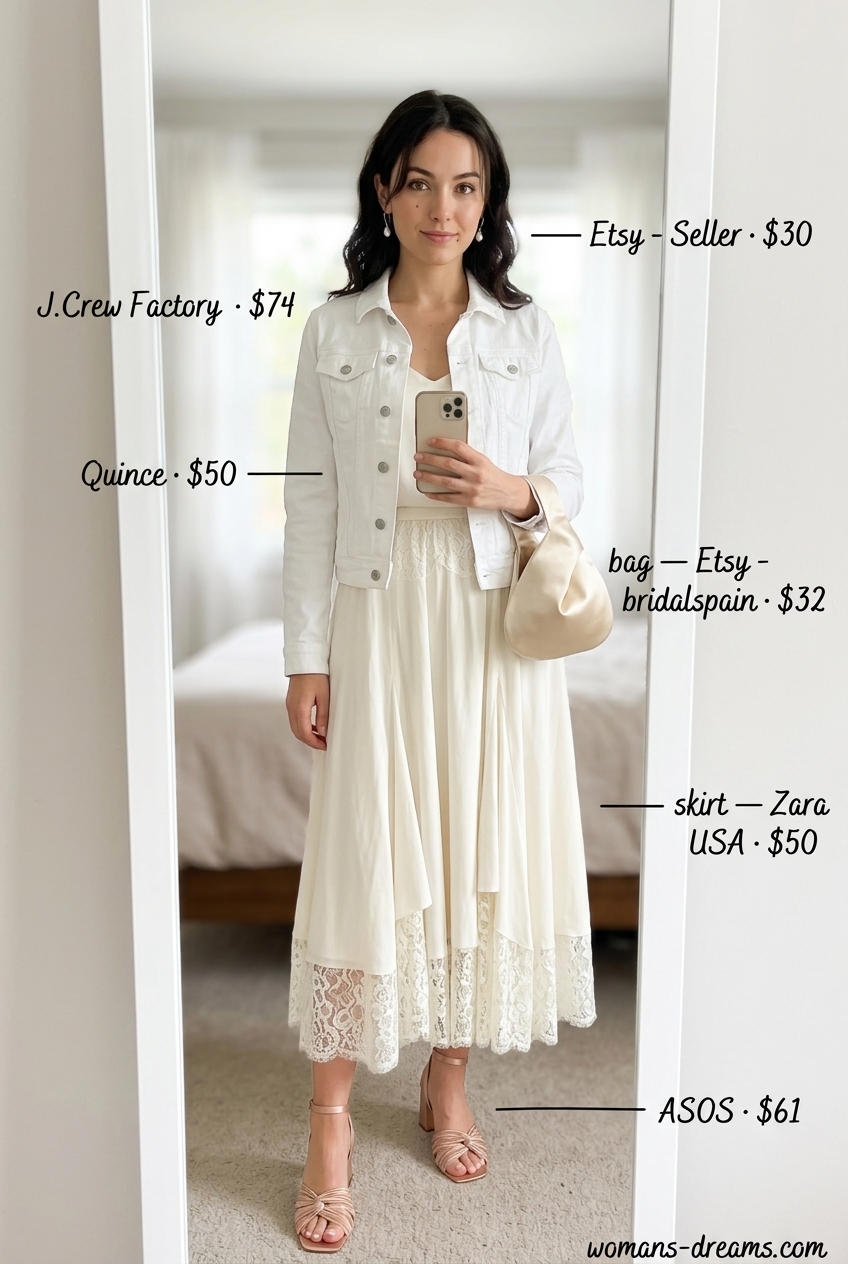 Summer white denim jacket outfits for women 2026: Romantic midi skirt with cream cami, white lace skirt, and pink heels.