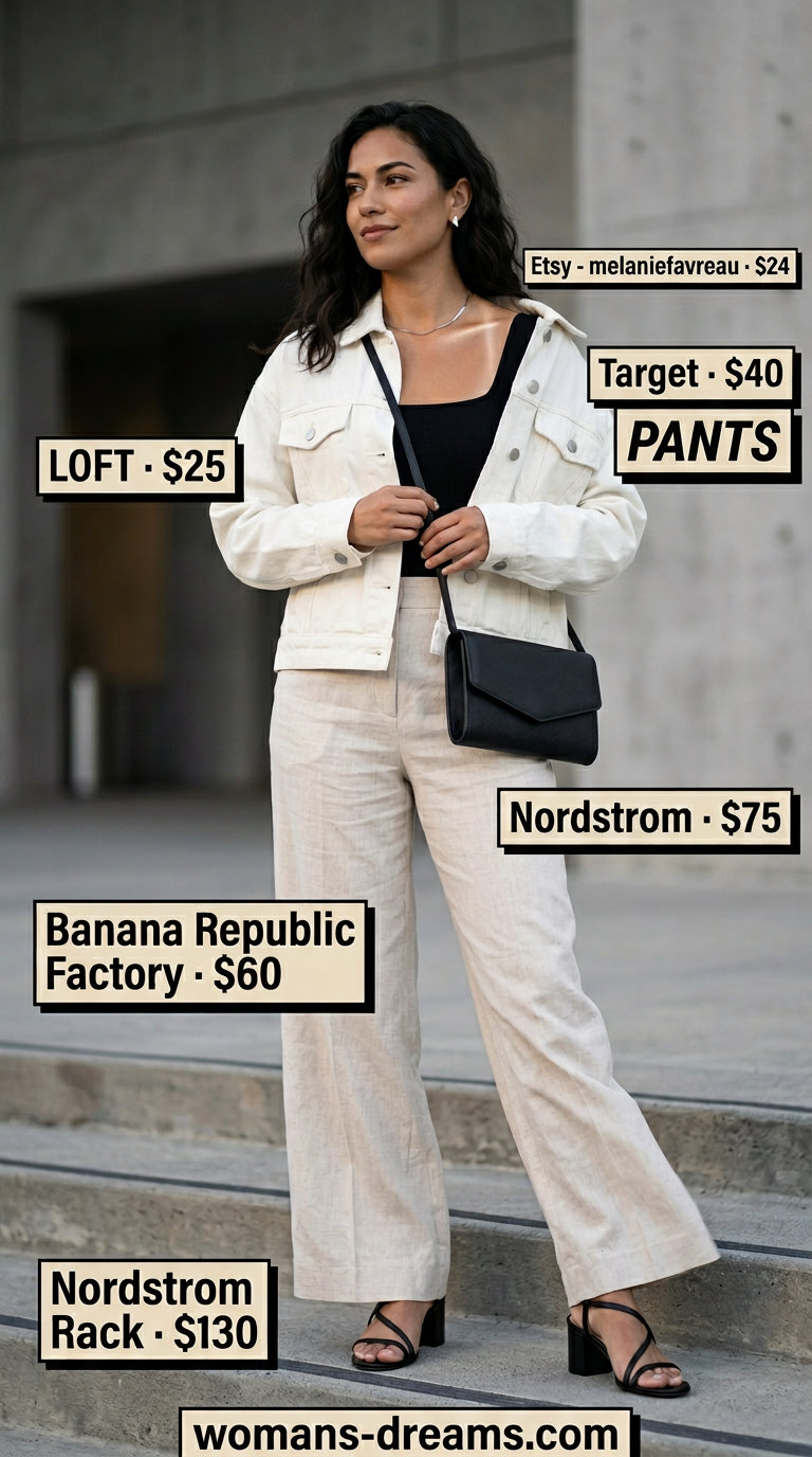 Summer white denim jacket outfits for women 2026: Minimalist trousers, bodysuit, block heels for evening out.