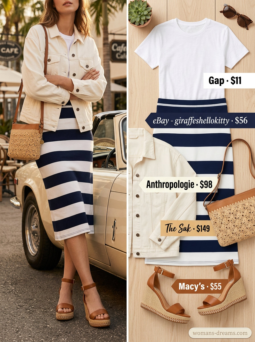 Summer white denim jacket outfits for women 2026: Striped midi skirt with white denim jacket, t-shirt, and espadrilles.