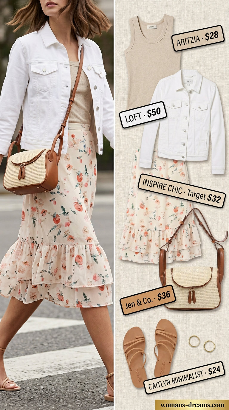 Summer white denim jacket outfits for women 2026: Midi skirt, ribbed tank, flat sandals for weekend brunch.