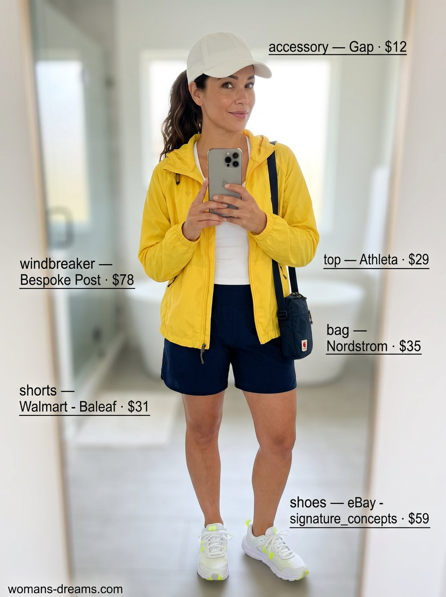 Bright yellow windbreaker outfit for women 2026: Sporty shorts, athletic tank, running sneakers, and crossbody bag for active days.
