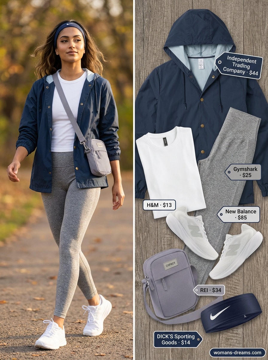 Navy windbreaker outfit for women 2026: Leggings, t-shirt, fashion sneakers, and gym bag for athleisure style.