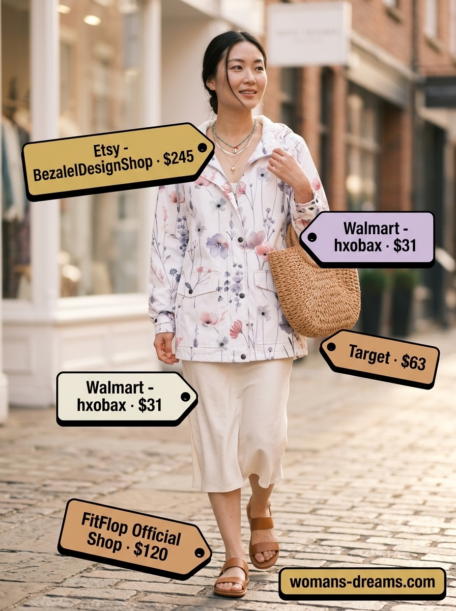 Floral print windbreaker outfit for women 2026: Pastel floral jacket, white slip dress, straw tote, and leather sandals for a bohemian vibe.