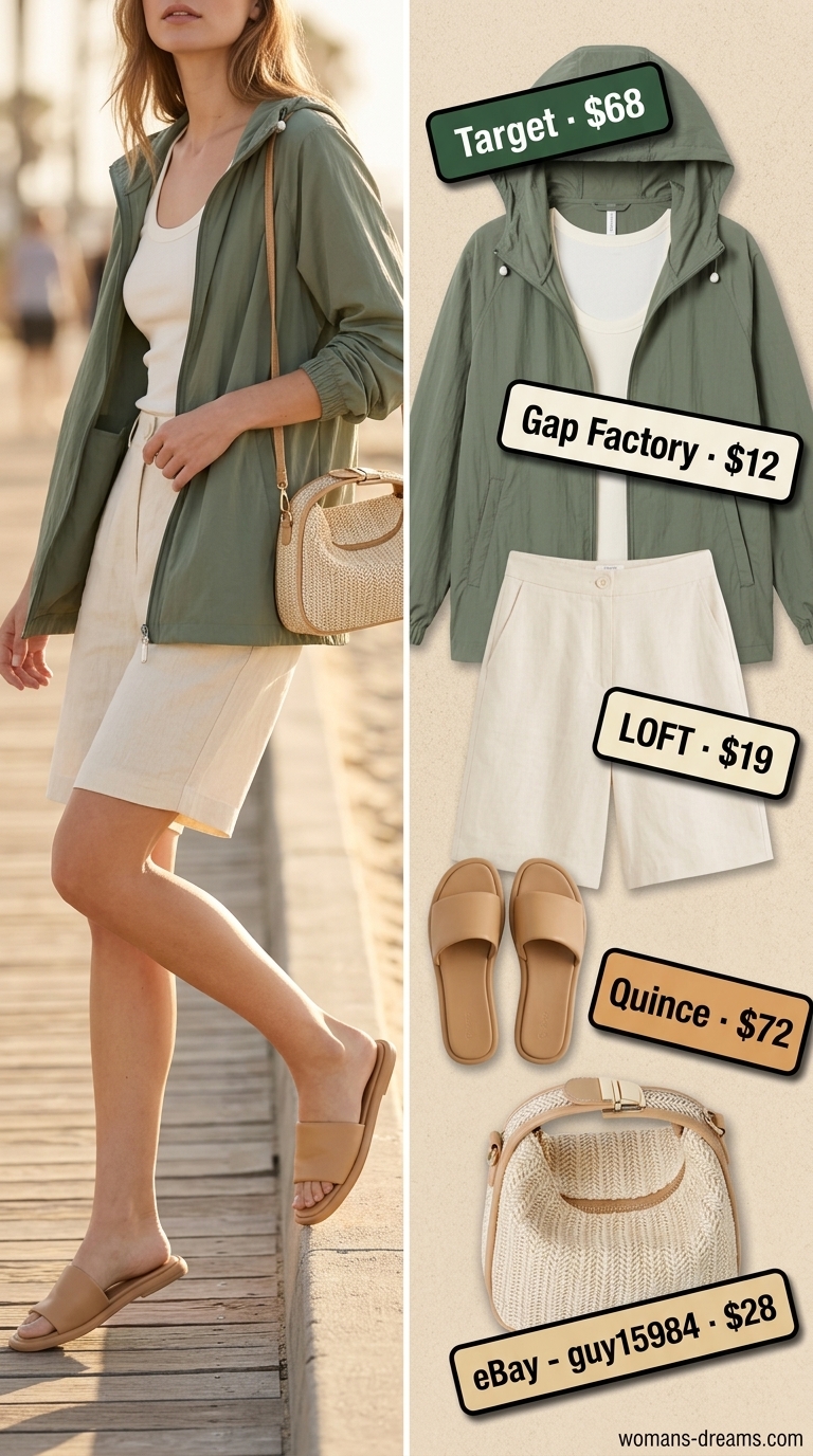 Sage green windbreaker outfit for women 2026: Bermuda shorts, ribbed tank, straw crossbody, and slide sandals for coastal vibes.