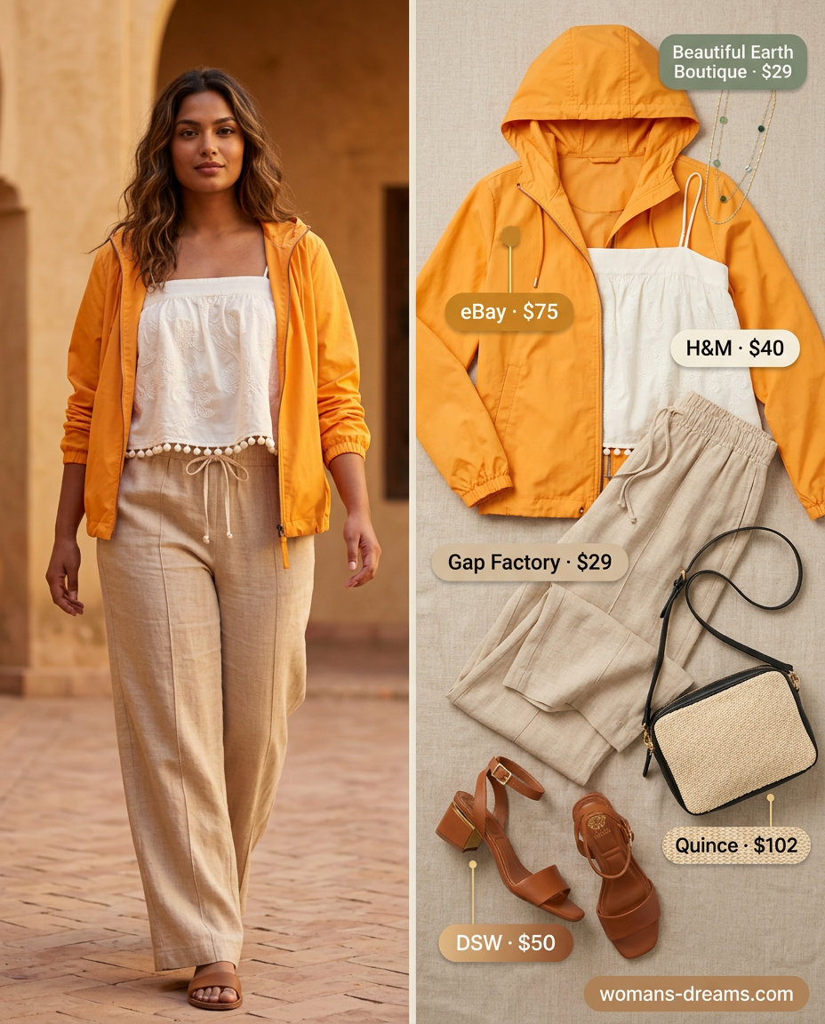 Ochre yellow windbreaker outfit for women 2026: Linen pants, embroidered blouse, block heels, and woven bag for desert evenings.