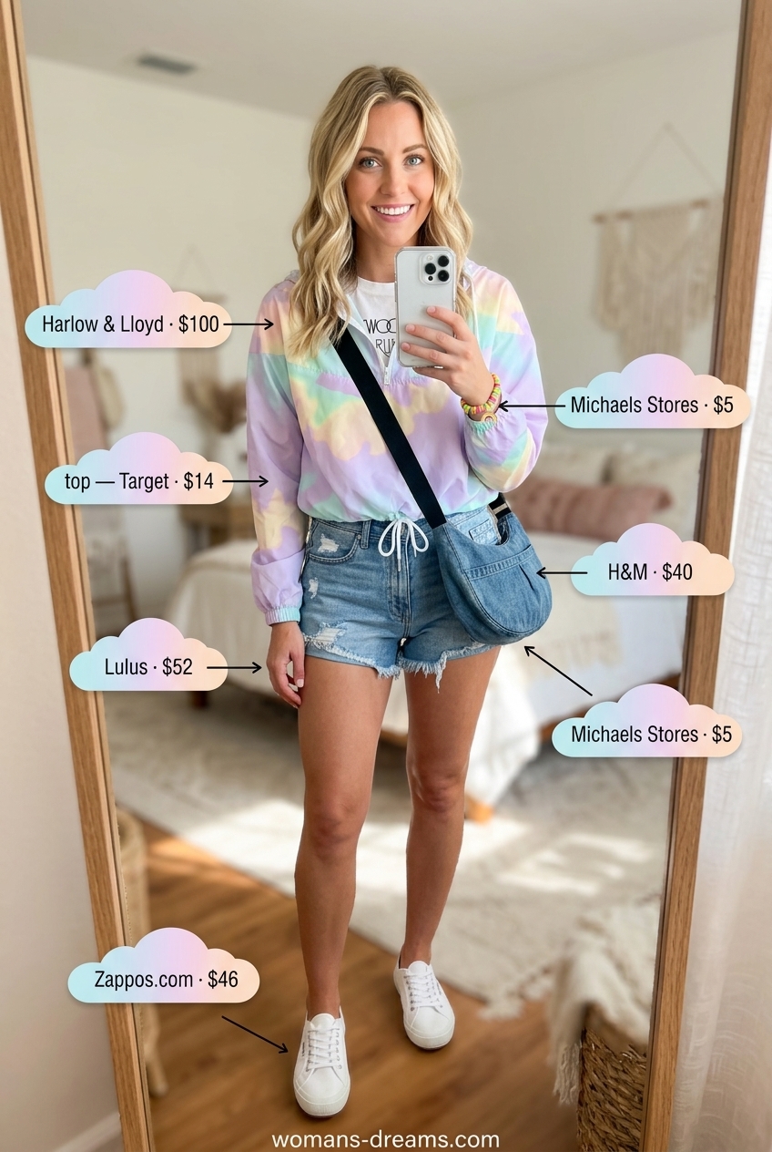 Tie-dye windbreaker outfit for women 2026: Denim shorts, graphic tee, canvas sneakers, and crossbody bag for festivals.