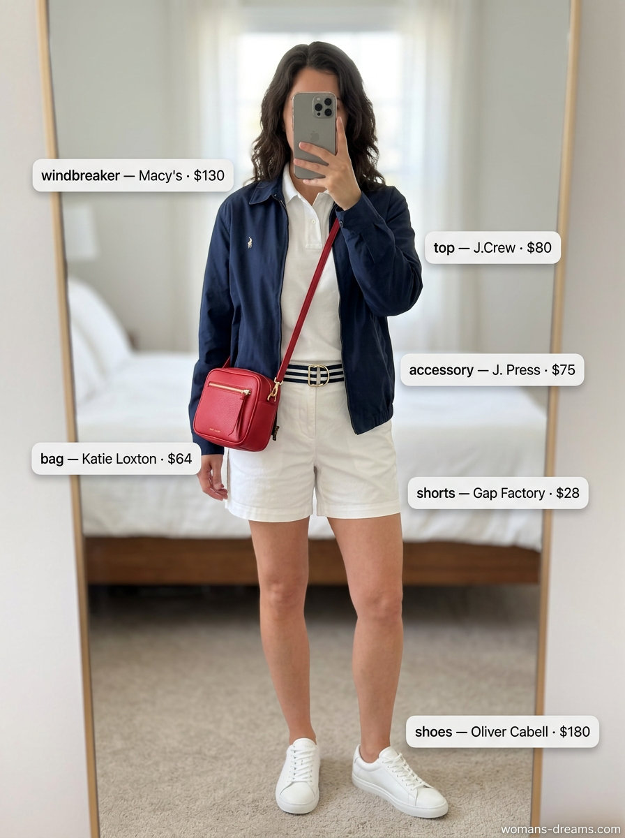 Navy windbreaker outfit for women 2026: Chino shorts, polo shirt, ribbon belt, and tennis shoes for a preppy look.