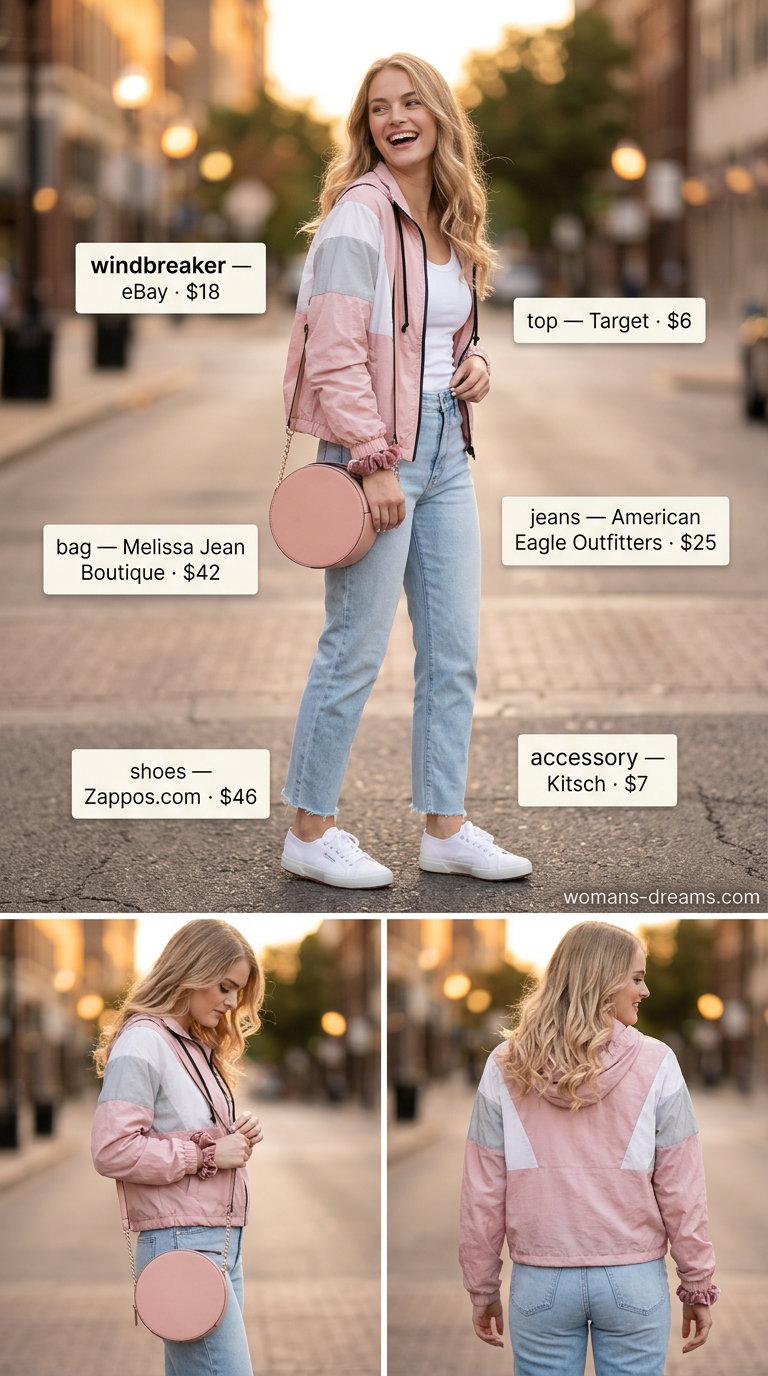 Pink color-blocked windbreaker outfit for women 2026: Mom jeans, white tank, canvas sneakers, and circular bag for a retro look.