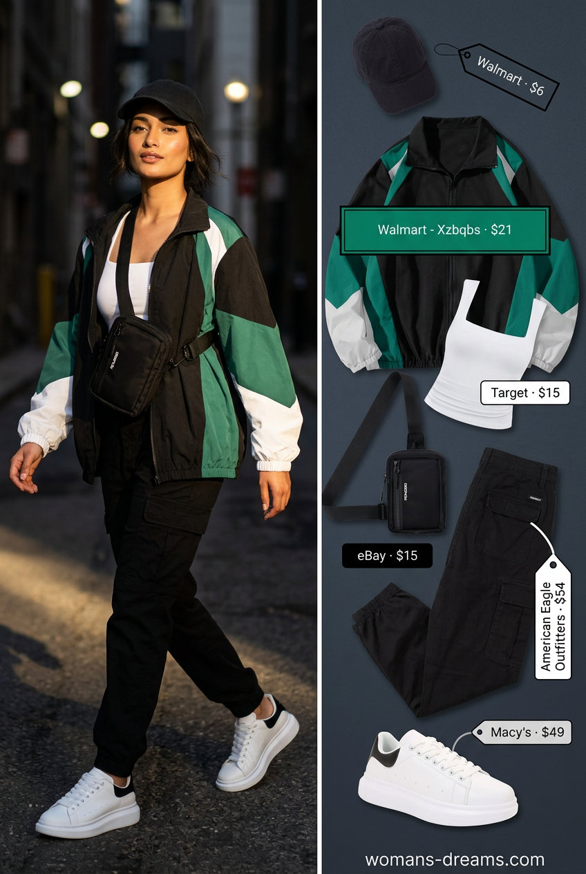 Lime green windbreaker outfit for women 2026: Cargo pants, crop top, chunky sneakers, and belt bag for urban style.
