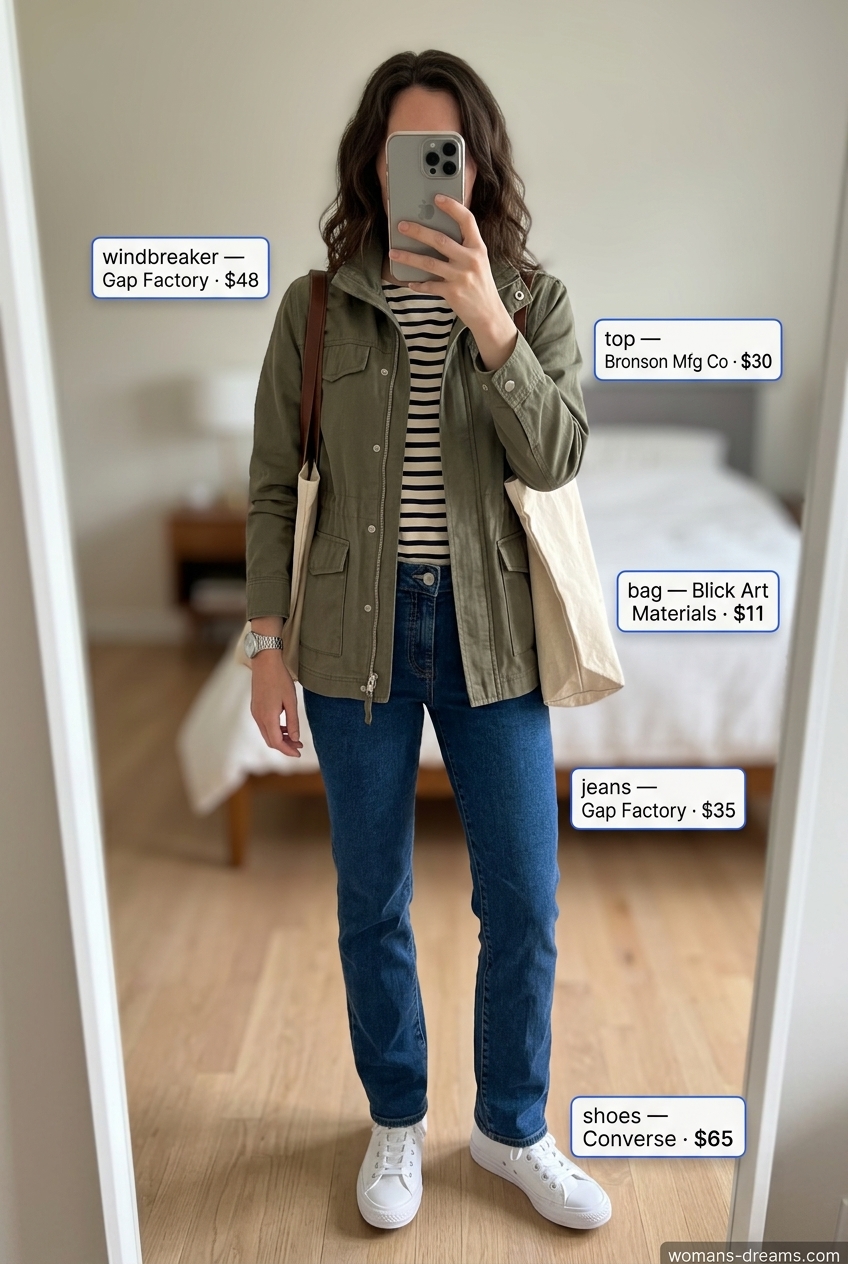 Khaki green windbreaker outfit for women 2026: Classic Breton tee, straight-leg jeans, white sneakers, and tote bag for weekend travel.
