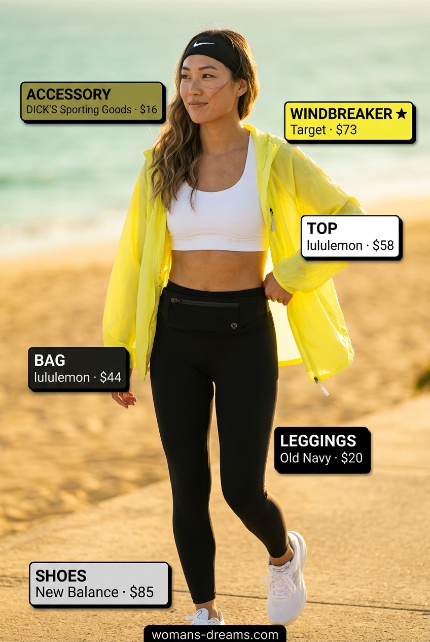 Sporty active summer windbreaker outfit for women 2026 with bright yellow windbreaker.