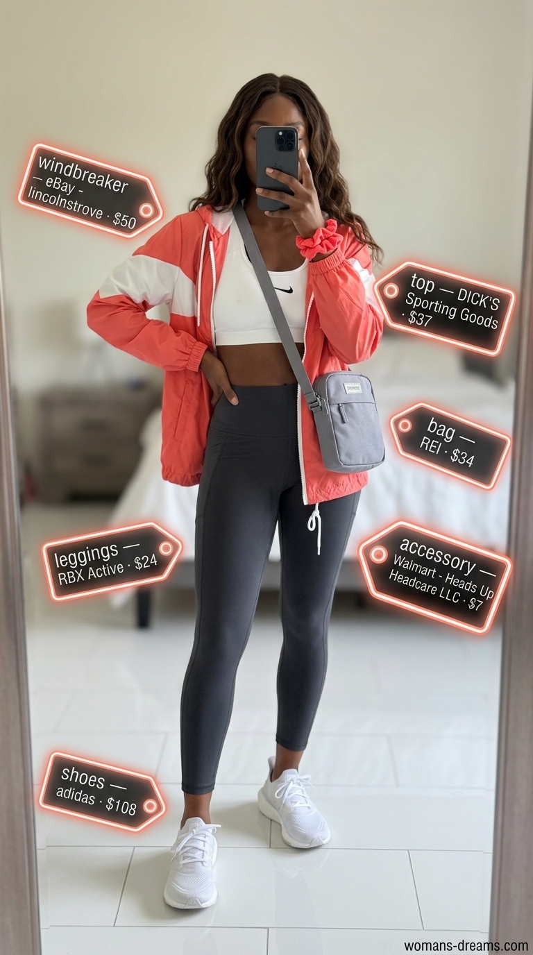 Comfortable athleisure summer windbreaker outfit for women 2026 with coral windbreaker.