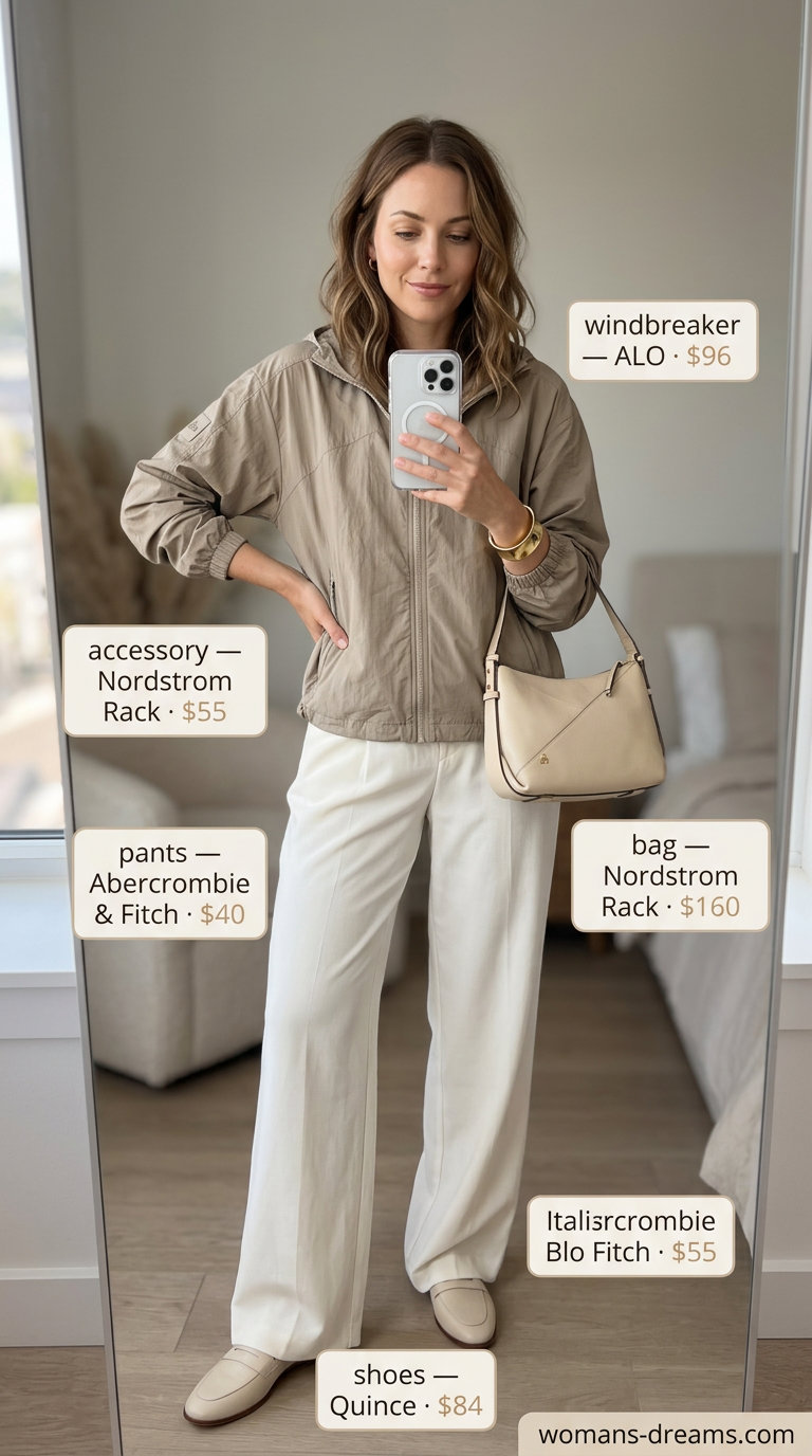 Chic minimalist summer windbreaker outfit for women 2026 with beige windbreaker and taupe trousers.