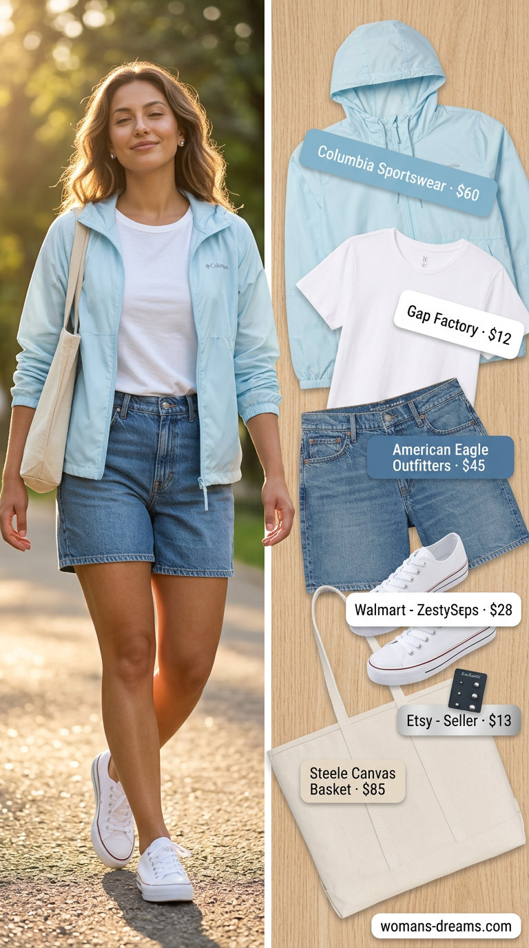 Fresh coastal breeze summer windbreaker outfit for women 2026 with pastel blue windbreaker.