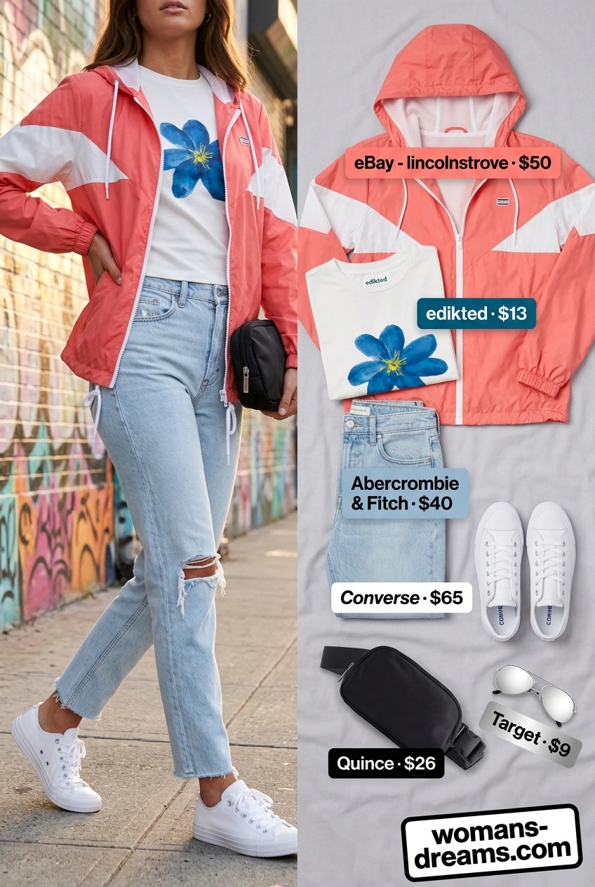 City explorer outfit: Coral windbreaker, denim jeans, and white sneakers. Summer Windbreaker Outfits for Women 2026.