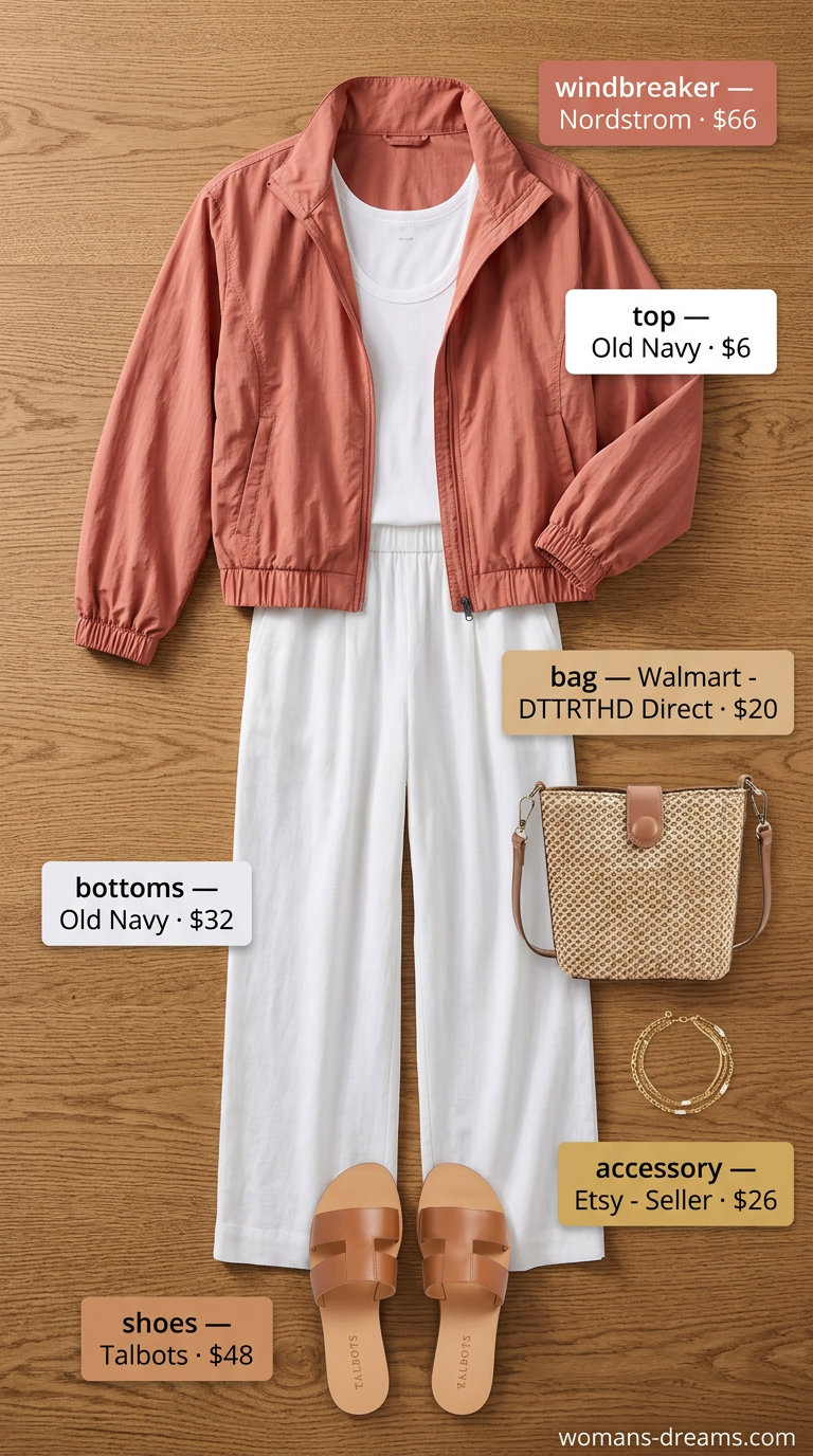 Sunset drive outfit: Muted coral windbreaker, white linen pants, and tan slides. Summer Windbreaker Outfits for Women 2026.