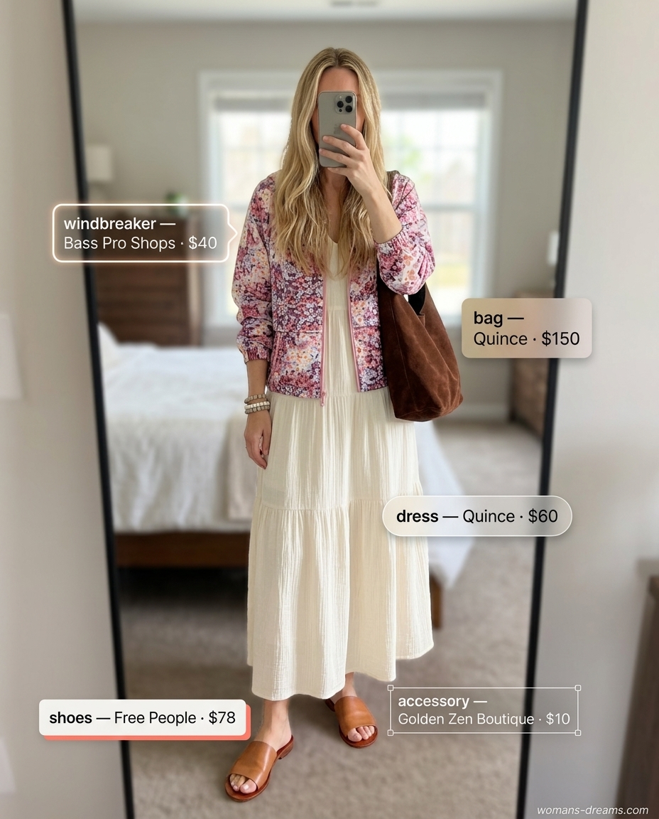Boho summer outfit: Multicolor floral windbreaker, white maxi dress, and tan slides. Summer Windbreaker Outfits for Women 2026.