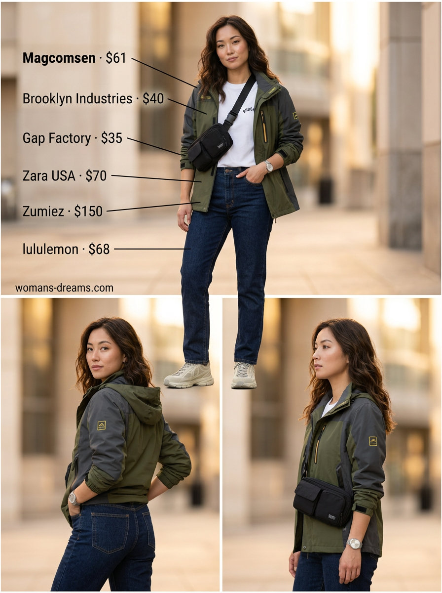 Modern utility outfit: Khaki green windbreaker, dark wash jeans, and graphic tee. Summer Windbreaker Outfits for Women 2026.