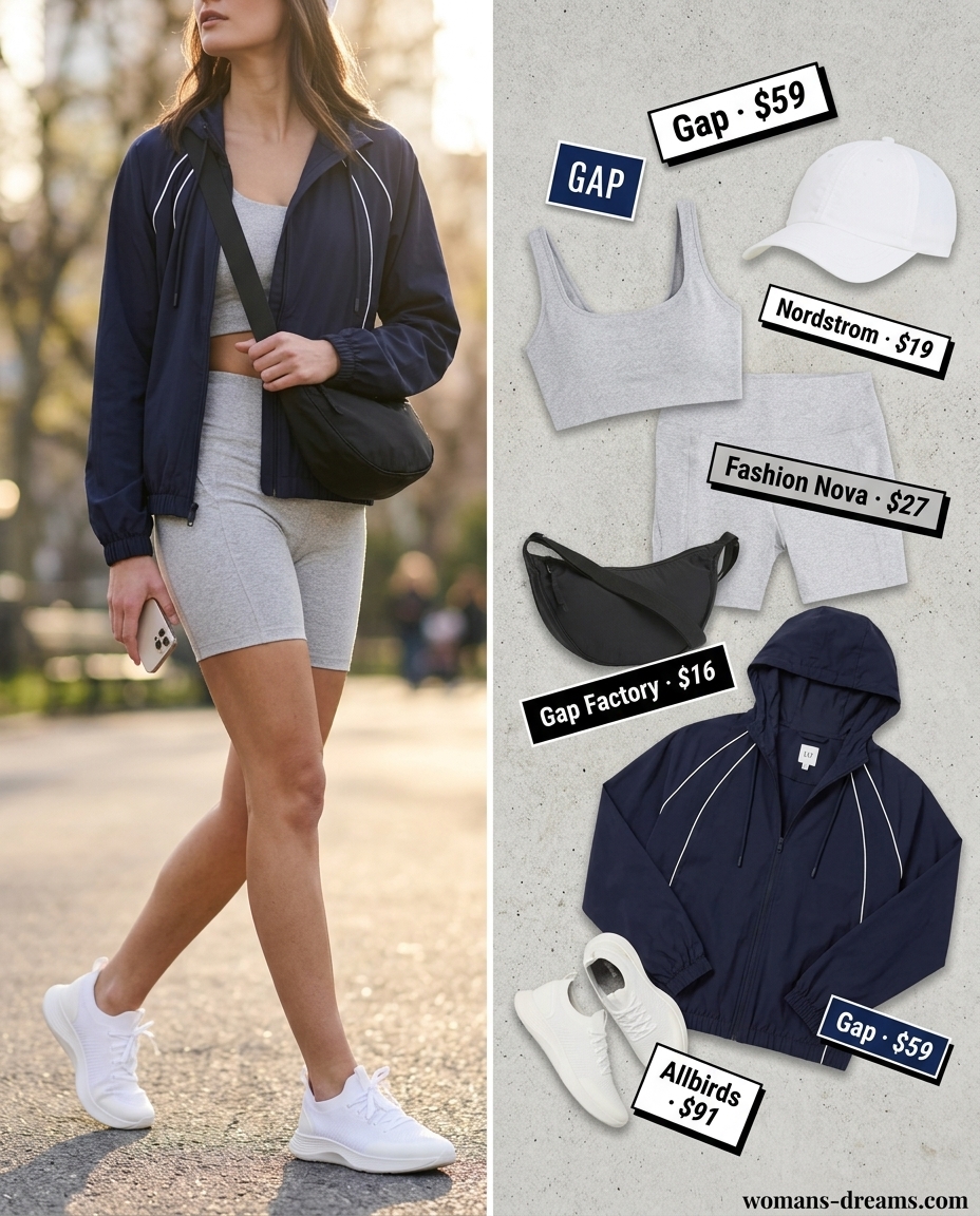 Athleisure cool outfit: Navy windbreaker, grey biker shorts, and white sneakers. Summer Windbreaker Outfits for Women 2026.