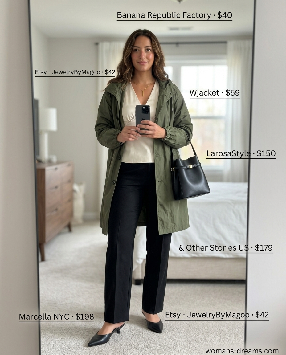 Chic commute outfit: Olive green windbreaker, cream blouse, black trousers, and leather mules. Summer Windbreaker Outfits for Women 2026.