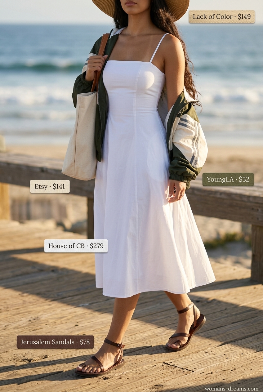 Vacation ready outfit: Olive green windbreaker, white sundress, and tan sandals. Summer Windbreaker Outfits for Women 2026.