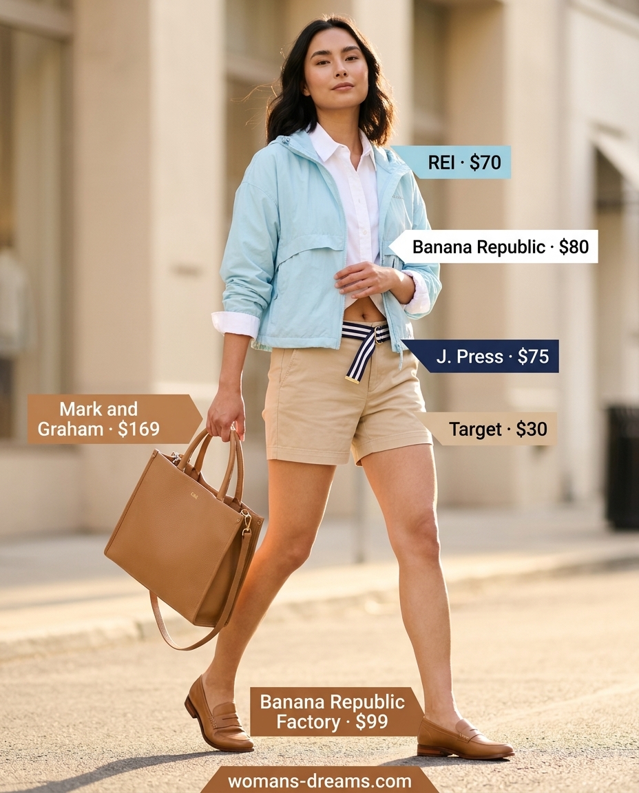 Polished preppy summer windbreaker outfit for women 2026 with light blue windbreaker.