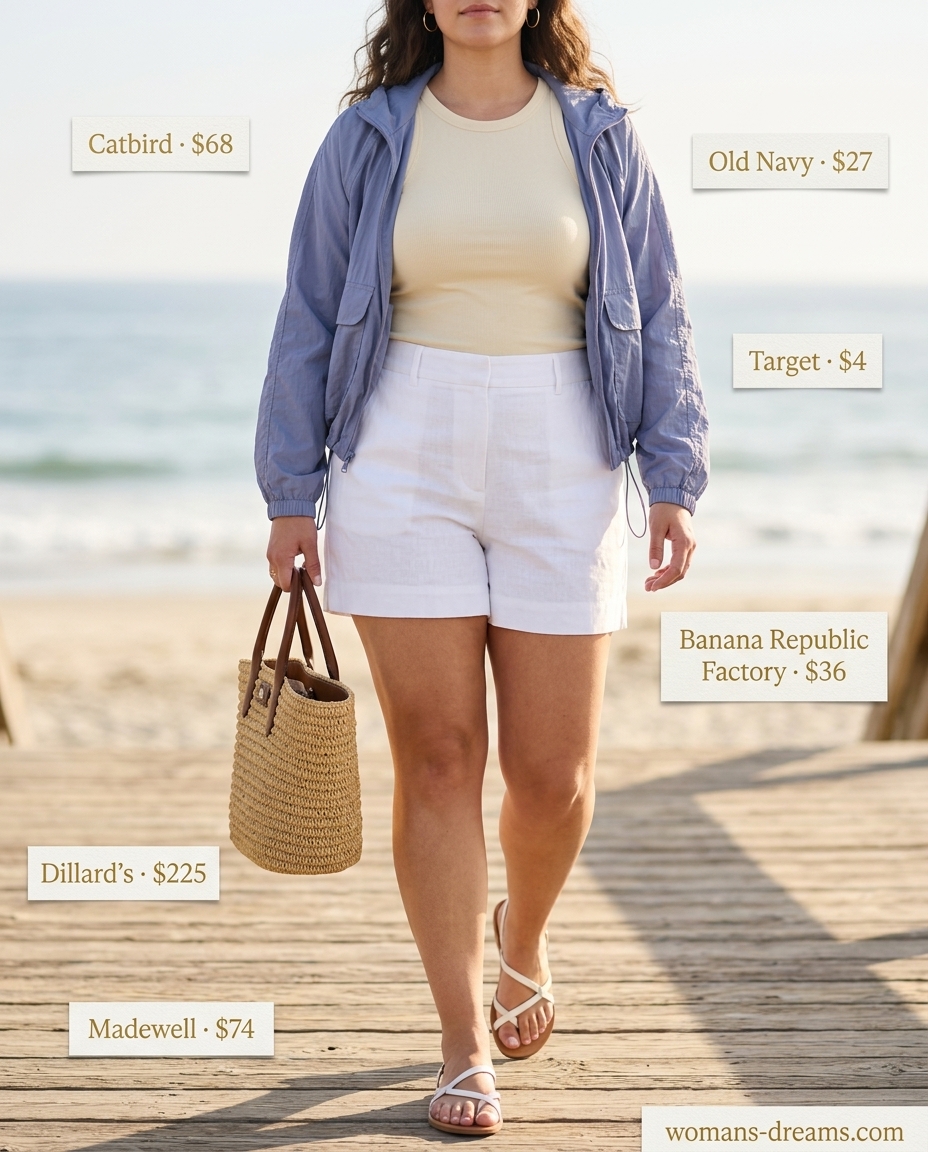 Coastal breeze outfit: Sky blue windbreaker, white shorts, and tan sandals. Summer Windbreaker Outfits for Women 2026.