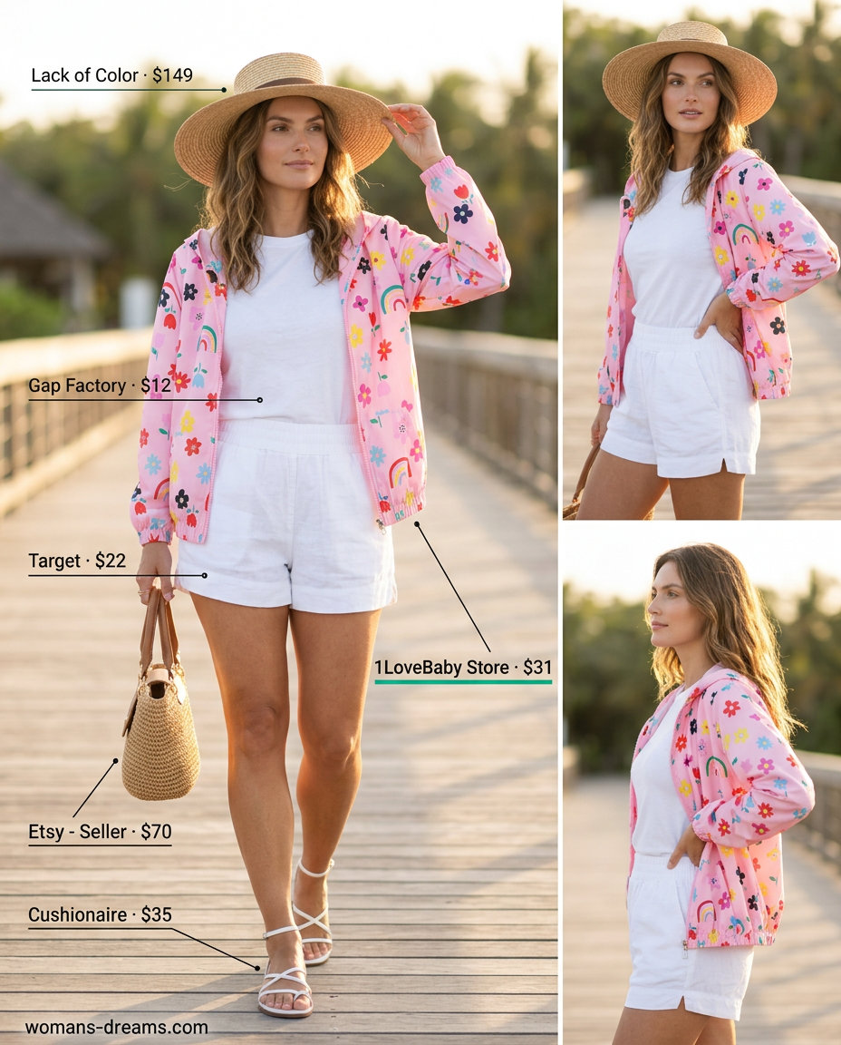 Relaxed tropical getaway summer windbreaker outfit for women 2026 with floral print.