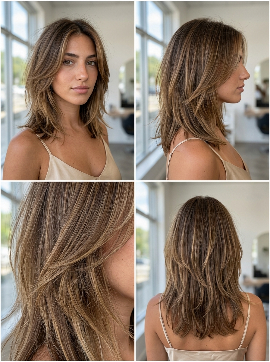 medium textured haircut with sun-kissed brunette, golden balayage and choppy layers — edgy effortless