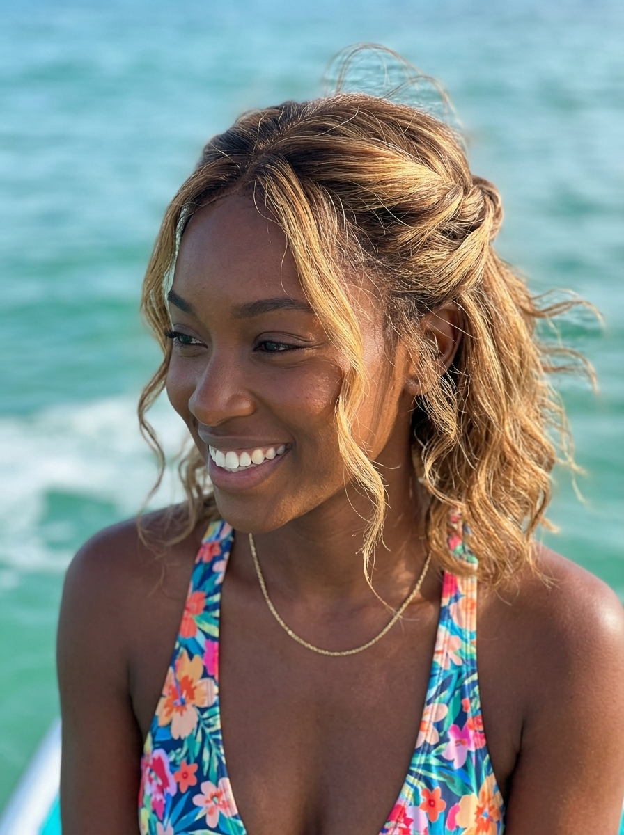 short textured pixie haircut with sun-kissed balayage and face-framing tendrils for summer