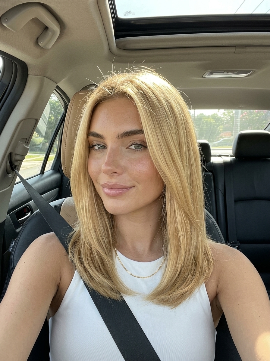 shoulder-length sun-kissed honey blonde with champagne blonde, all-over color, no fringe — radiant playful glow