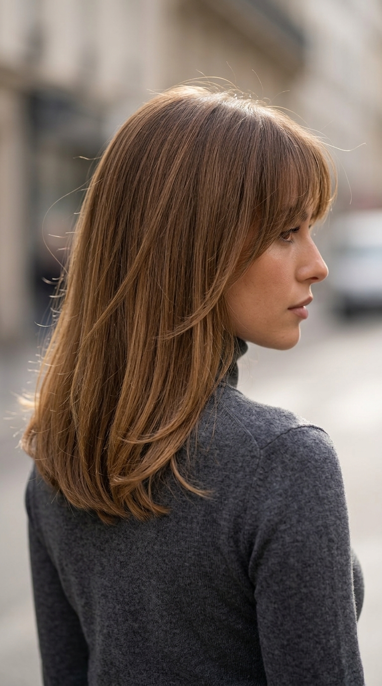 collarbone-length haircut with syrup brunette, wispy birkin bangs, subtle layers — romantic, sophisticated