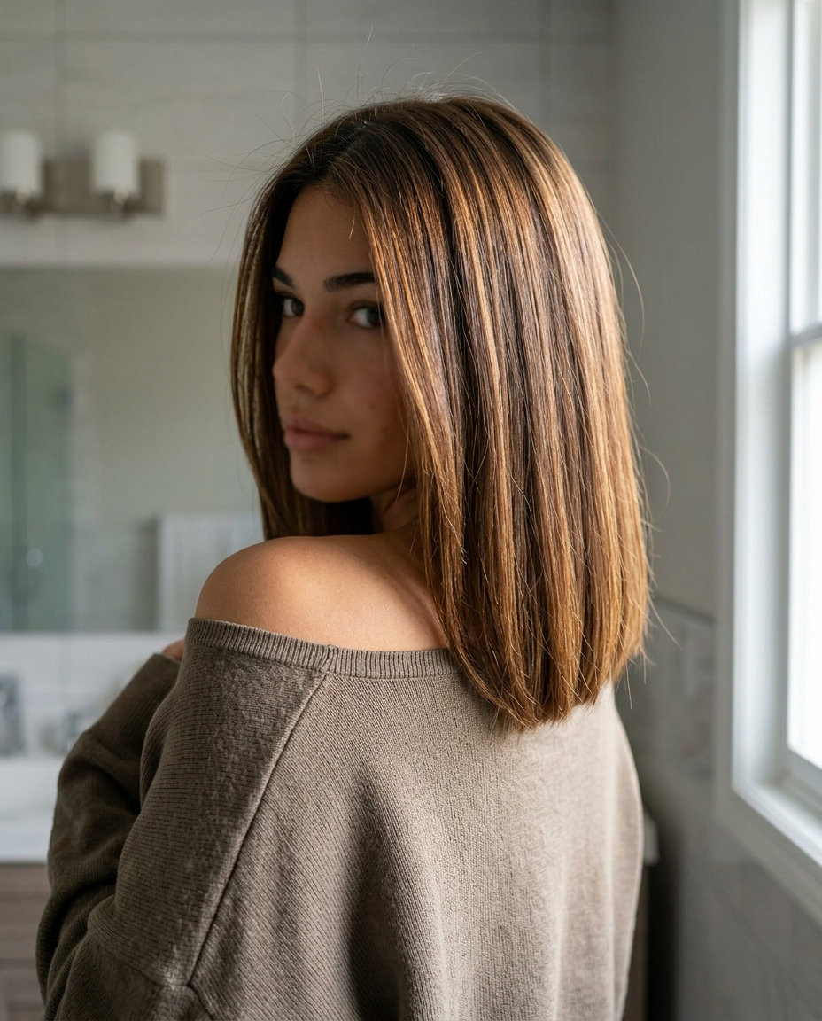 Syrup Brunette Blunt Lob: Golden Ribbons 2026 medium blunt lob haircut in syrup brunette with caramel ribbons and no layers for formal events