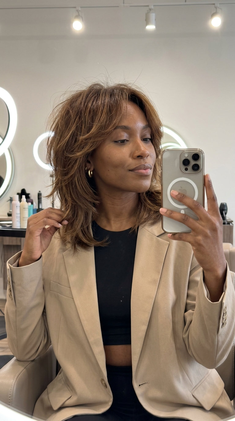 Syrup Brunette Shag 2026: Edgy & Playful medium shag with syrup brunette and honey babylights, choppy layers, curtain bangs — edgy retro
