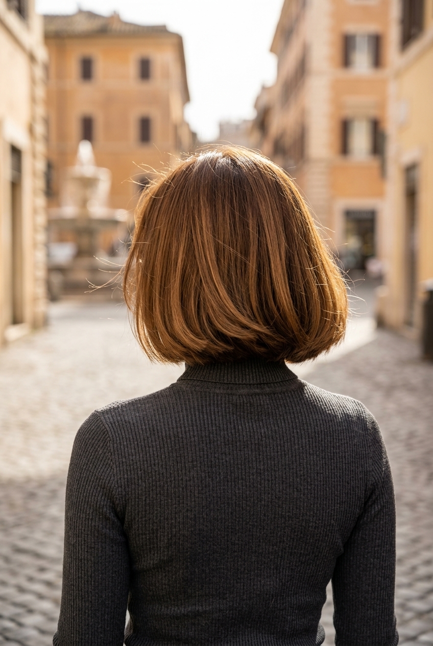 neck-length bob with syrup brunette, subtle caramel highlights, blunt perimeter — sophisticated, sculpted