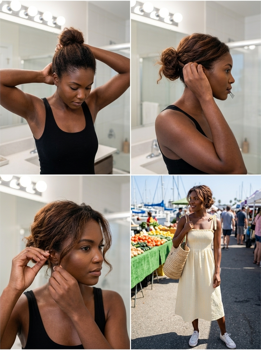 short syrup brunette hairstyle with tousled mini bun and face-framing tendrils for summer