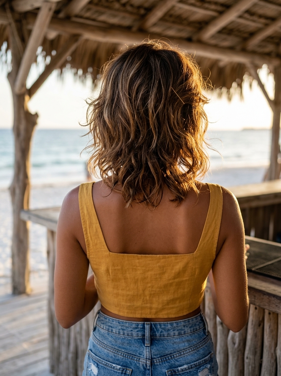 short shag haircut with syrup brunette balayage and caramel ribbons for edgy style