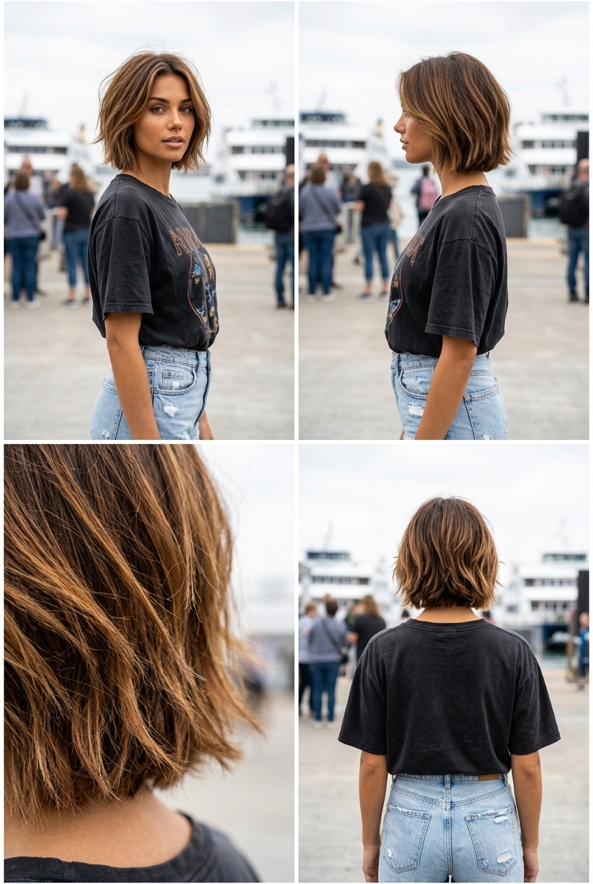 short textured haircut with syrup brunette, caramel ribbons, for casual wear