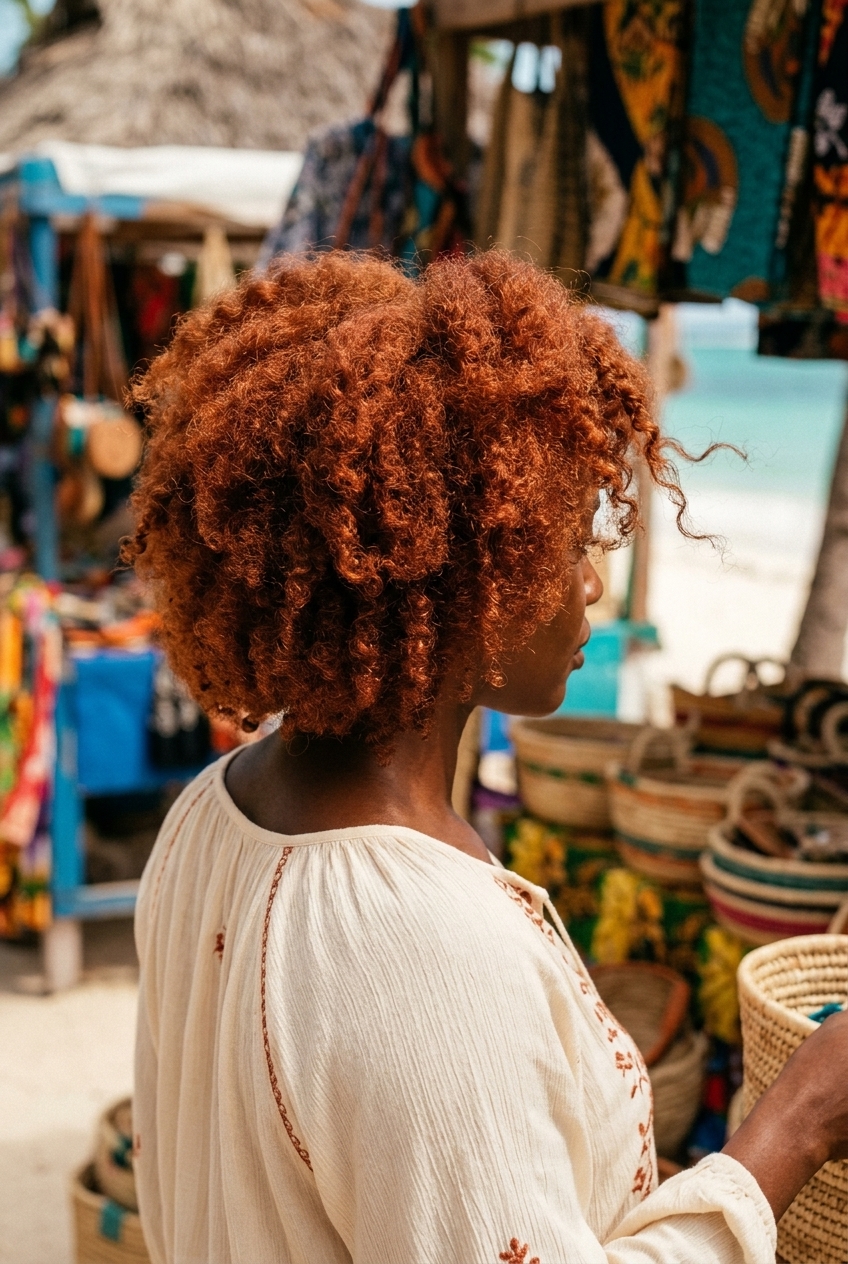 Terracotta Copper Afro: Bold Textured Style short afro with terracotta copper, textured volume and golden undertones for weekend