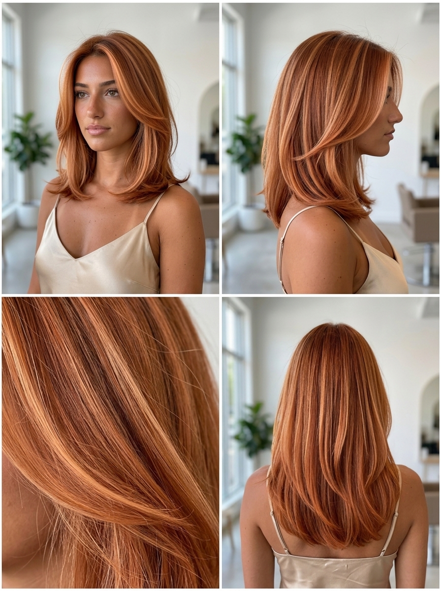 medium layered C-cut with terracotta copper sun-kissed peach-gold highlights, balayage and foilyage, no fringe — earthy radiant style