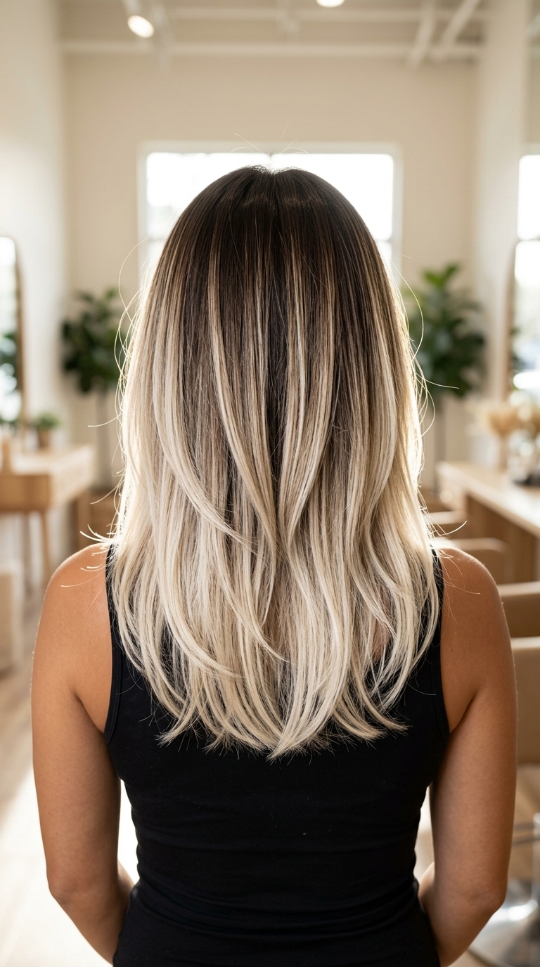 long textured layers with toasted coconut undercut, dark brunette to platinum blonde, no fringe — edgy modern rebel look