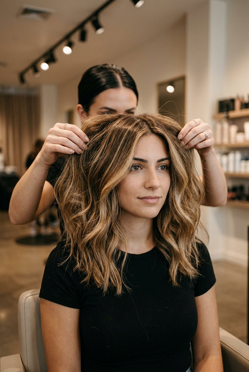 long toasted honey balayage with champagne blonde, hand-painted highlights, no fringe — warm golden hour glow