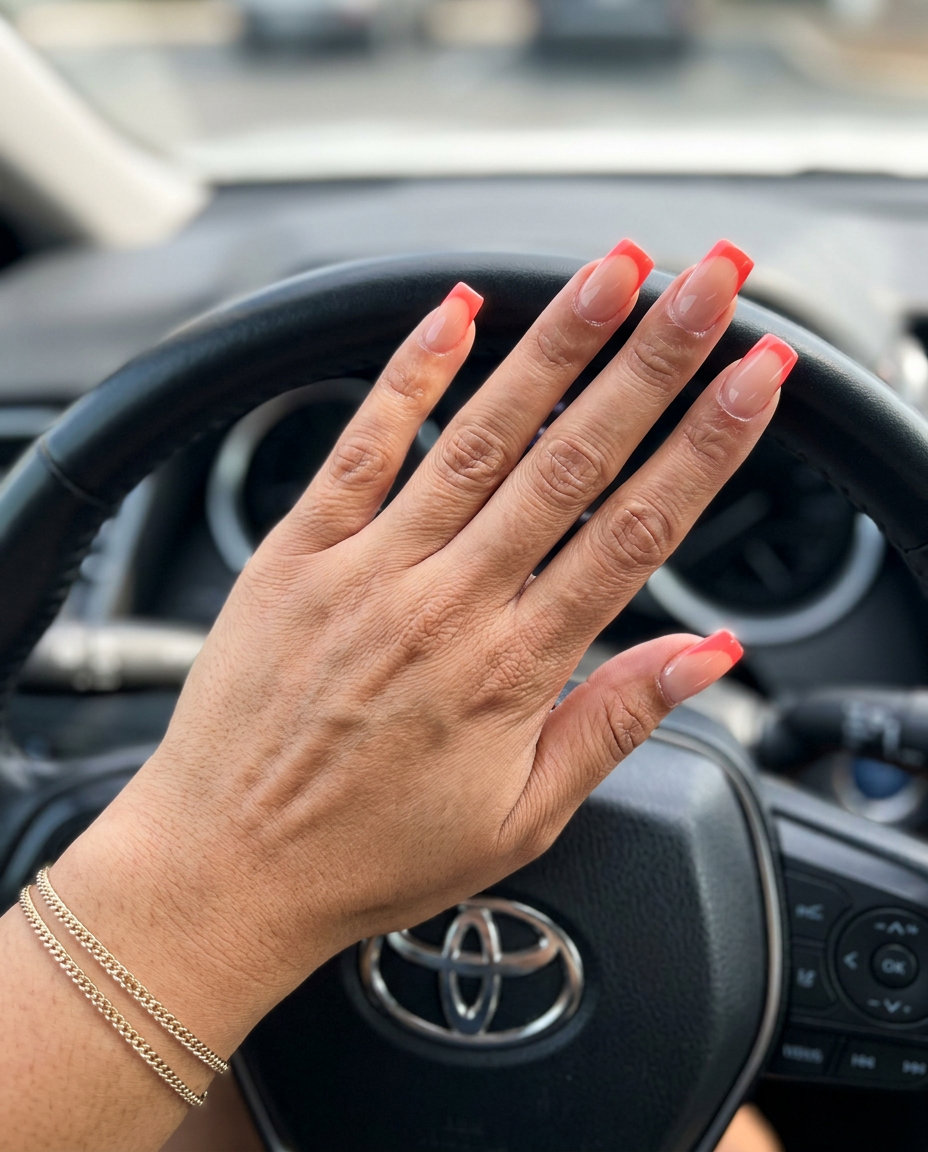 Coral French Tip Nails 2026: Playful Summer Fun Vibrant Coral French Tip Square nails with sheer nude base for trending summer nails 2026.