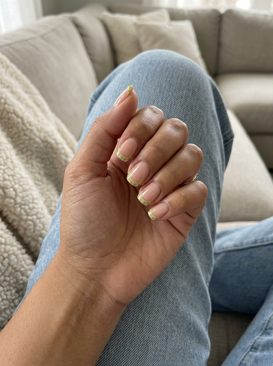 Trending summer nails 2026: Lime green micro dots on sheer nude French squoval nails for a playful casual look.