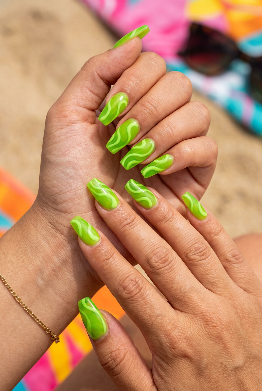 Lime Green Jelly Swirls Nails 2026 | Festival Fun Lime Green Jelly Swirls Coffin nails for trending summer nails 2026, perfect for festivals and playful style.