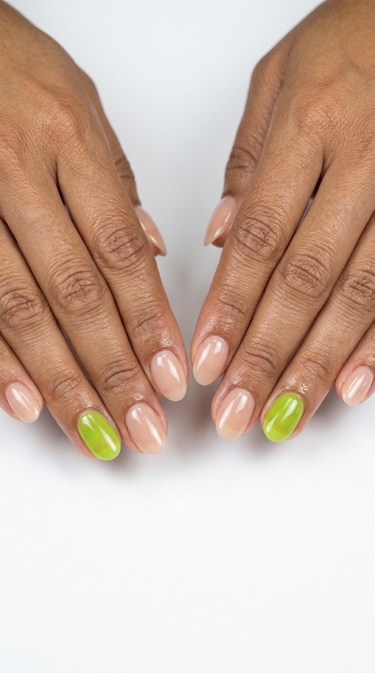 Trending Summer Nails 2026: Playful Lime Jelly Trending summer nails 2026: Zingy lime green accent jelly nails with sheer nude for a playful casual look.
